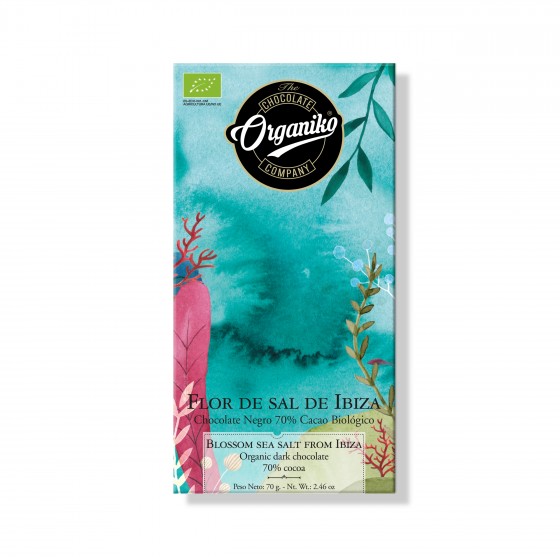 Chocolate negro 70% cacao con flor de sal de Ibiza  BIO 70 g