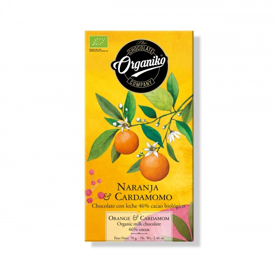 Chocolate con leche 36% cacao con naranja y Cardamomo BIO 70 g