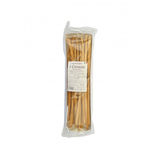 Palitos de pan con aceite de oliva Virgen Extra y aceitunas Taggiasca de Liguria 200 g