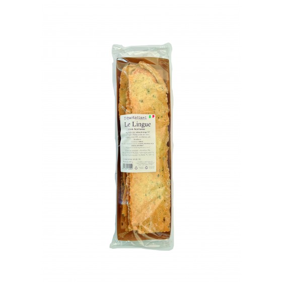 Lenguas de pan con aceite de oliva Virgen Extra con con aceitunas Taggiasca de Liguria 200 g